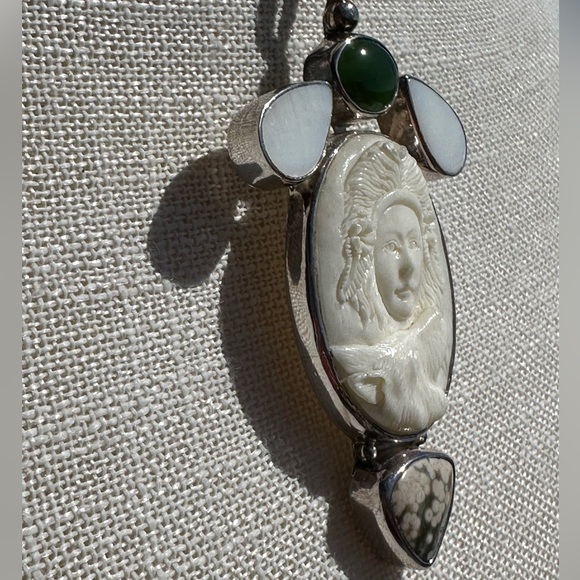 Wolf Goddess handcarved bone sterling silver jasper aventurine lg pendant pearl - Picture 5 of 8